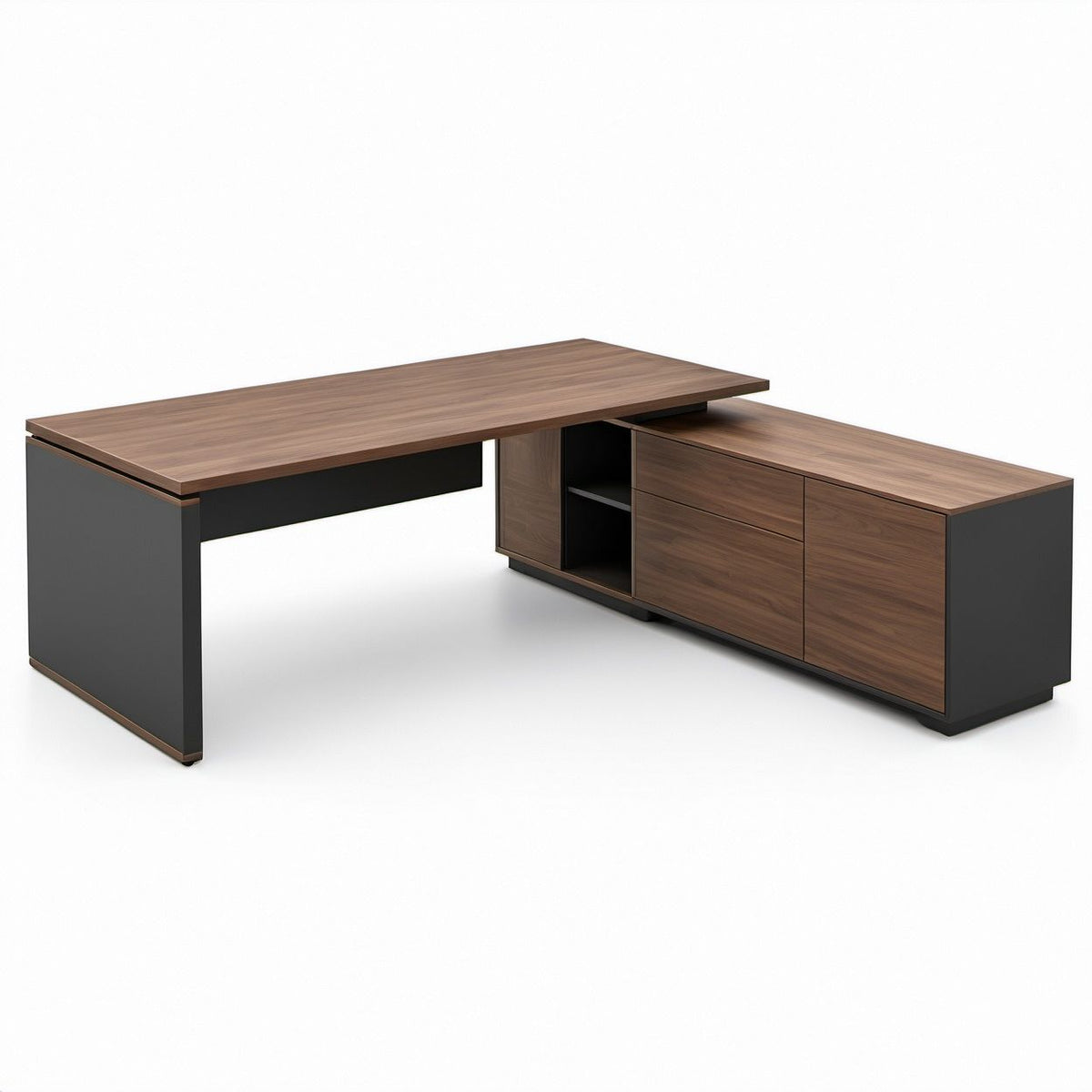 L-Shaped Executive Office Desk with Storage Cabinet, Walnut/Black, 70.9 x 63 x 29.5 in
