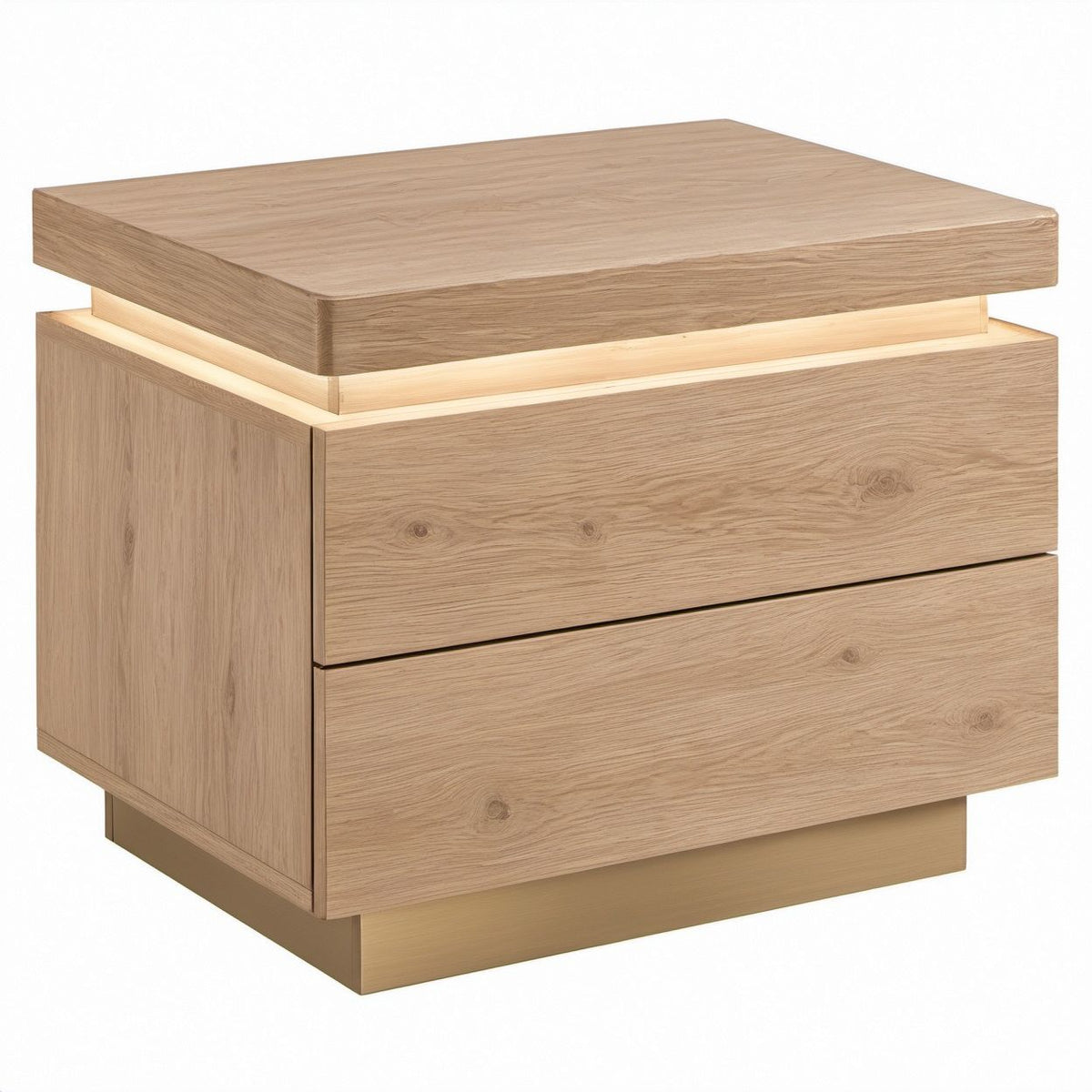 Natural Oak and Light Beige 2-Drawer Nightstand with Warm White LED Light, 24 x 18 x 25 in