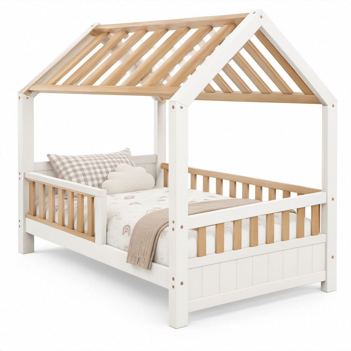 Twin House Bed Frame, White and Natural Pine, 79.5 x 43.5 x 65 in