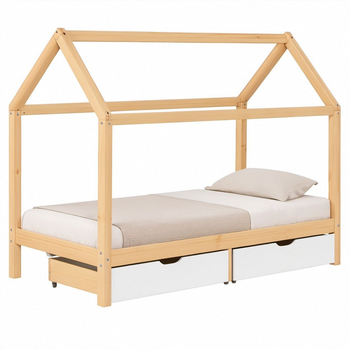 Kids House Bed Frame with 2 Storage Drawers, Natural/White, Fits 39.37 x 78.74 in Mattress