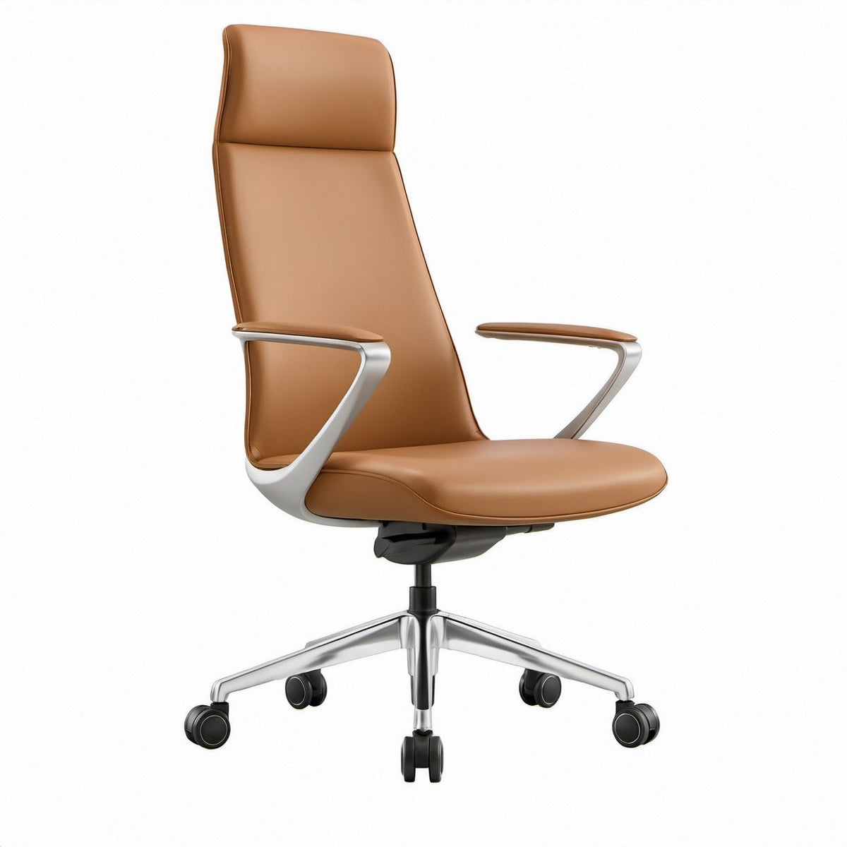 Brown PU Leather Executive Office Chair with Silver Base, 25.6 x 25.6 x 45.3-49.2 in