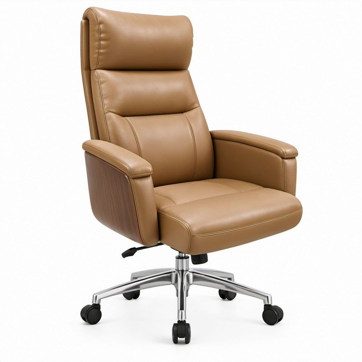 Executive High-Back PU Leather Office Chair with Padded Armrests, Tan, 26.8 x 29.5 x 42.5-46.5 in