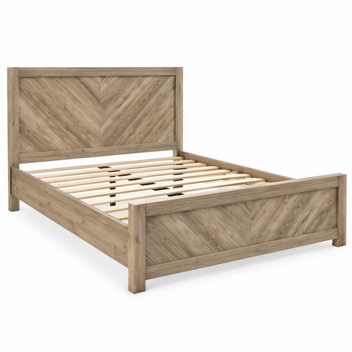 Queen Size Chevron Panel Platform Bed, Light Brown Engineered Wood, 64 in W x 85 in L x 52 in H