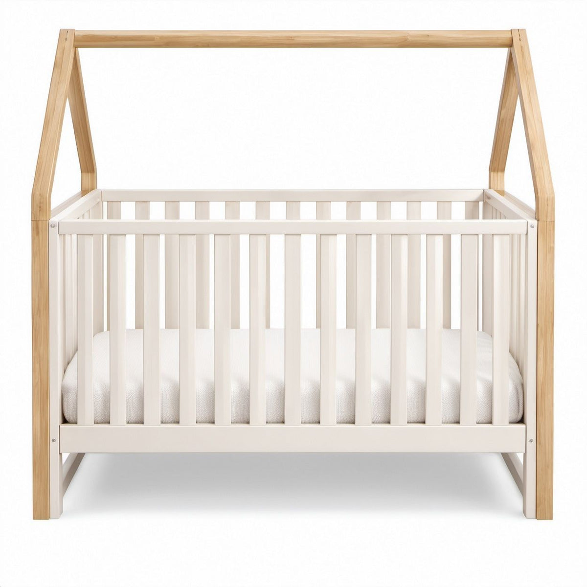 House-Shaped Baby Crib, Natural Pine and White Solid Pine Wood, 53.5 x 29.5 x 67 in