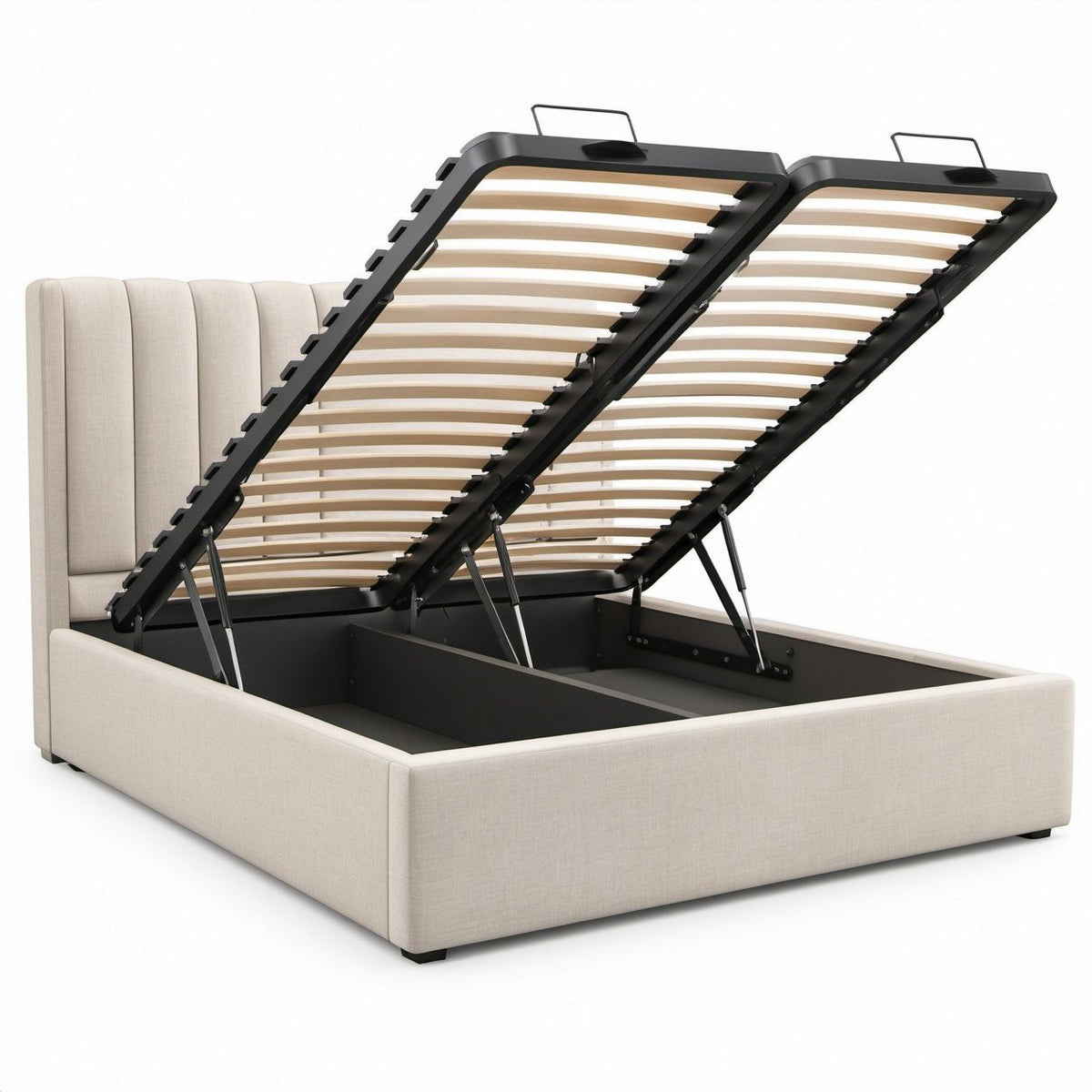 Queen 60 x 80 in Beige Upholstered Hydraulic Lift Storage Bed with Black Frame and Natural Wood Slats