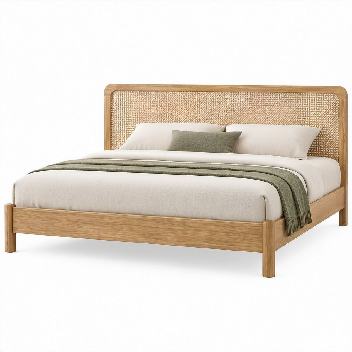 Queen Natural Oak Rubberwood Platform Bed Frame with Beige Rattan Headboard, 63 x 84 x 48 in