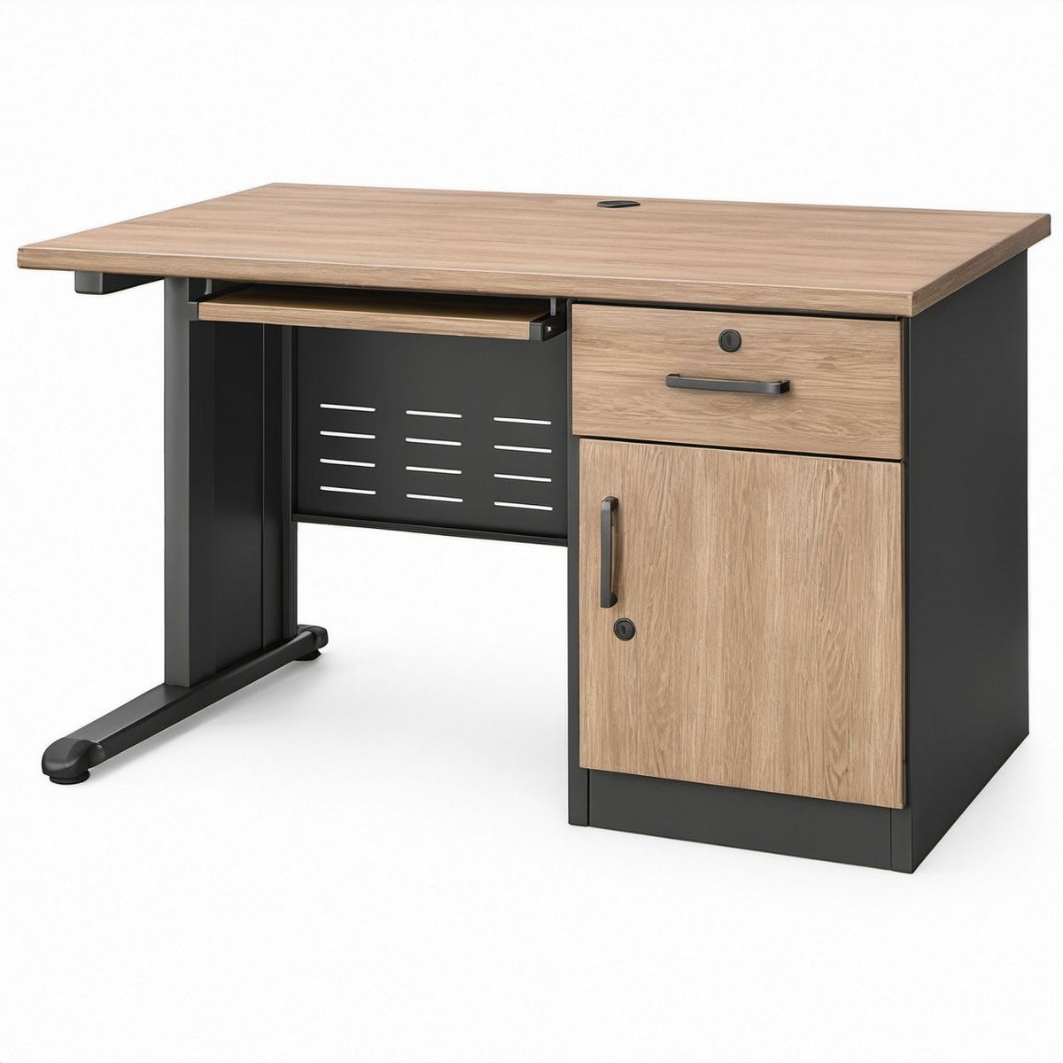 47.2 x 23.6 x 29.5 in Oak and Black Computer Desk with Drawer, Cabinet and Keyboard Tray