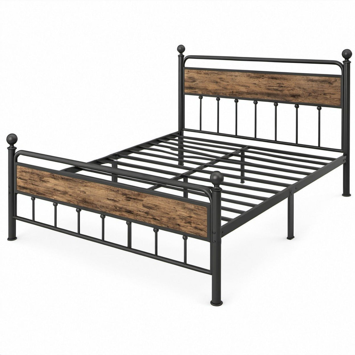 Queen Metal Platform Bed Frame with Rustic Brown Wood-Grain Panels, Black/Rustic Brown, 82.5 x 62.5 x 39.5 in.
