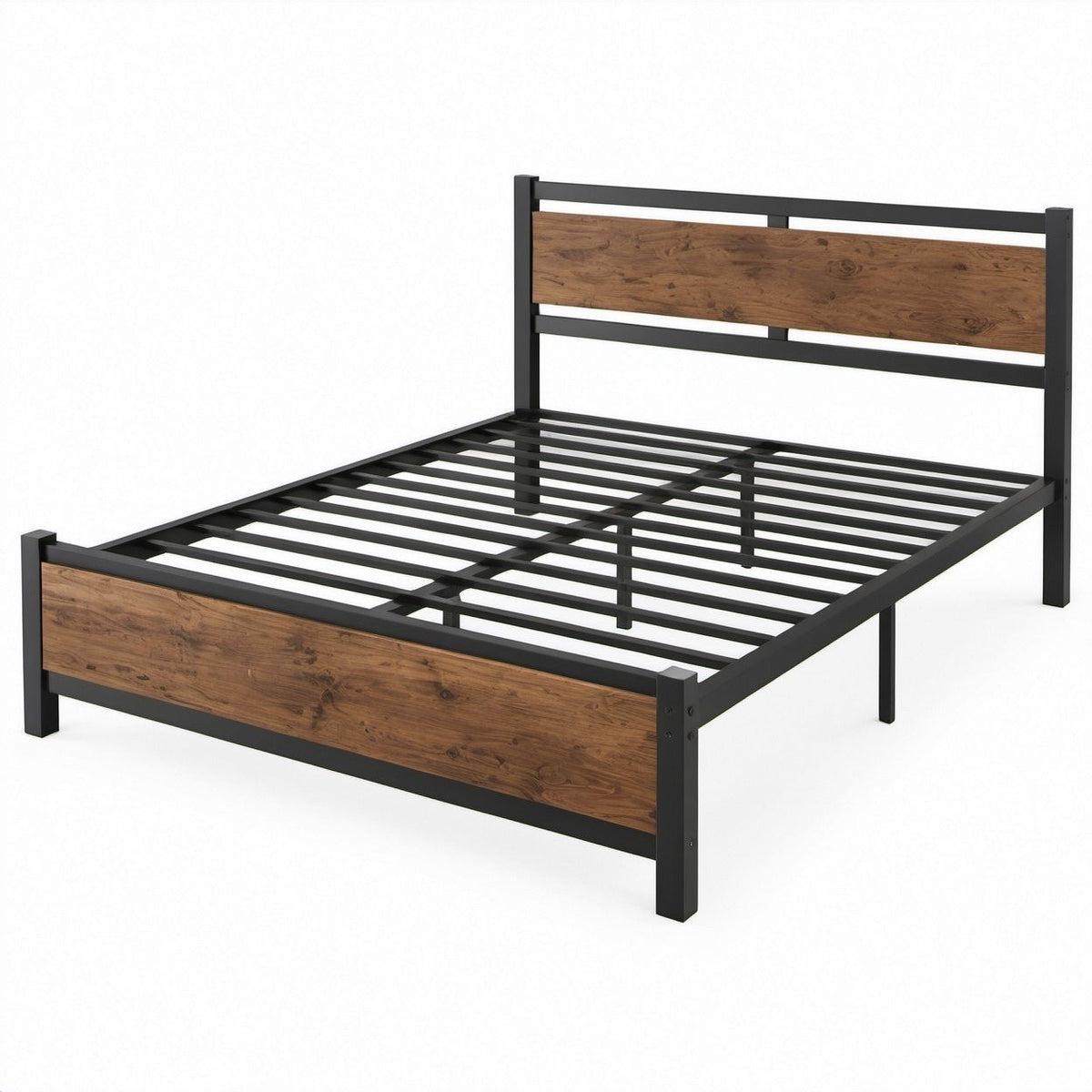 Queen Platform Bed Frame with Headboard and Footboard, Black/Brown, 82 x 62 x 39 in