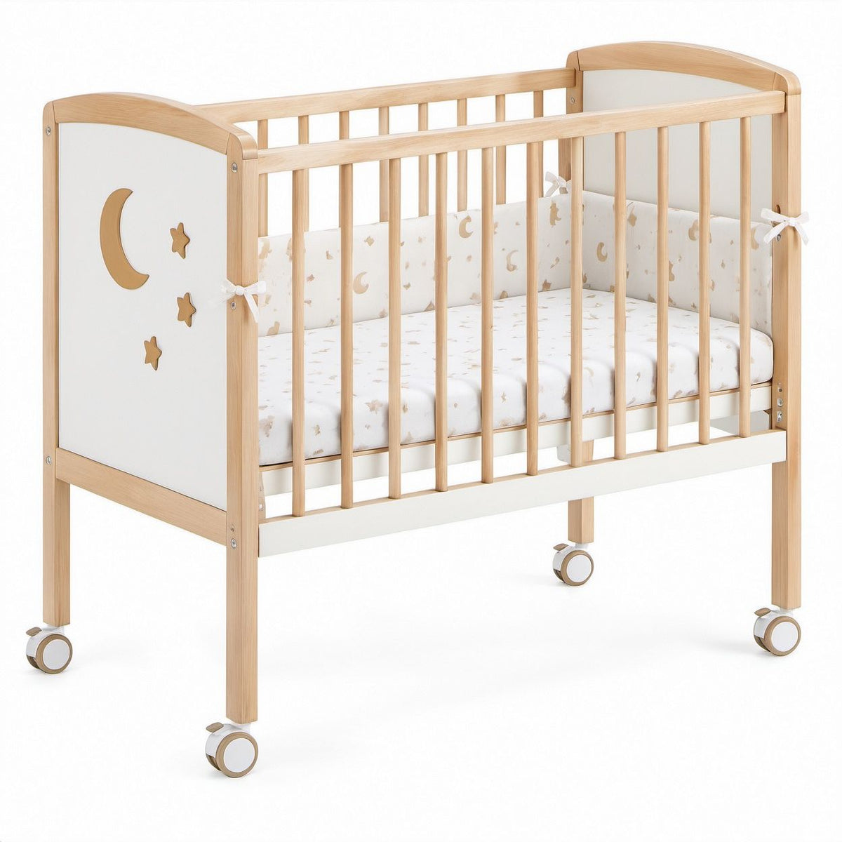 Natural and White Solid Beech Wood Baby Crib with Swivel Casters, 49.2 x 25.6 x 39.4 in
