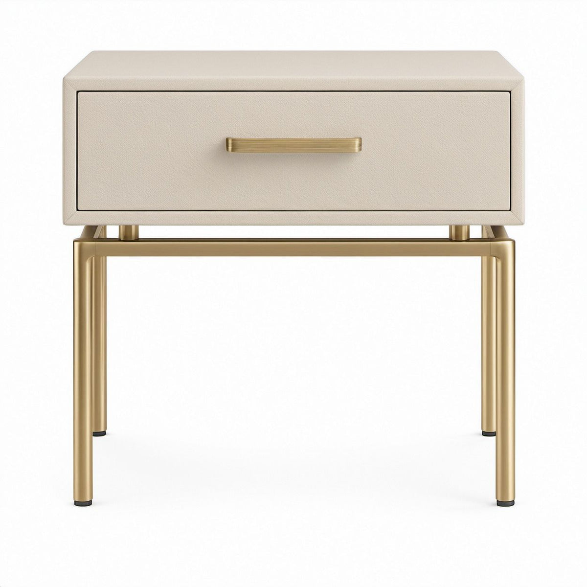 Cream PU Leather Nightstand with Gold Steel Frame and 1 Drawer, 24 x 18 x 26 in