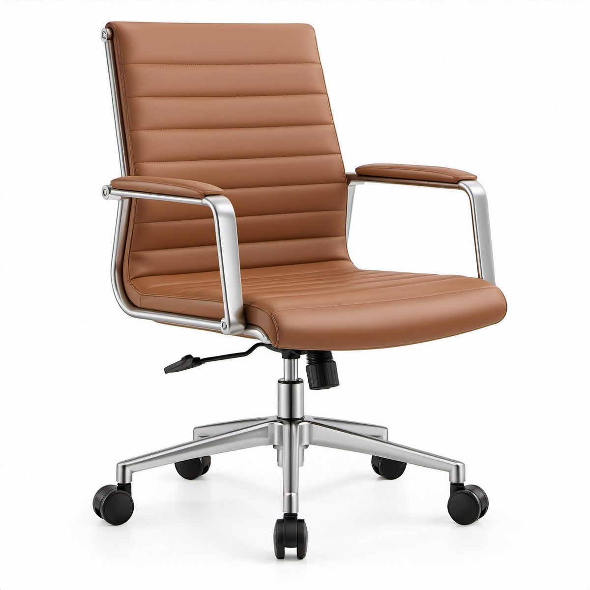 Tan PU Leather Swivel Office Chair with Aluminum Frame, 25.6 x 25.6 x 43.3-47.2 in