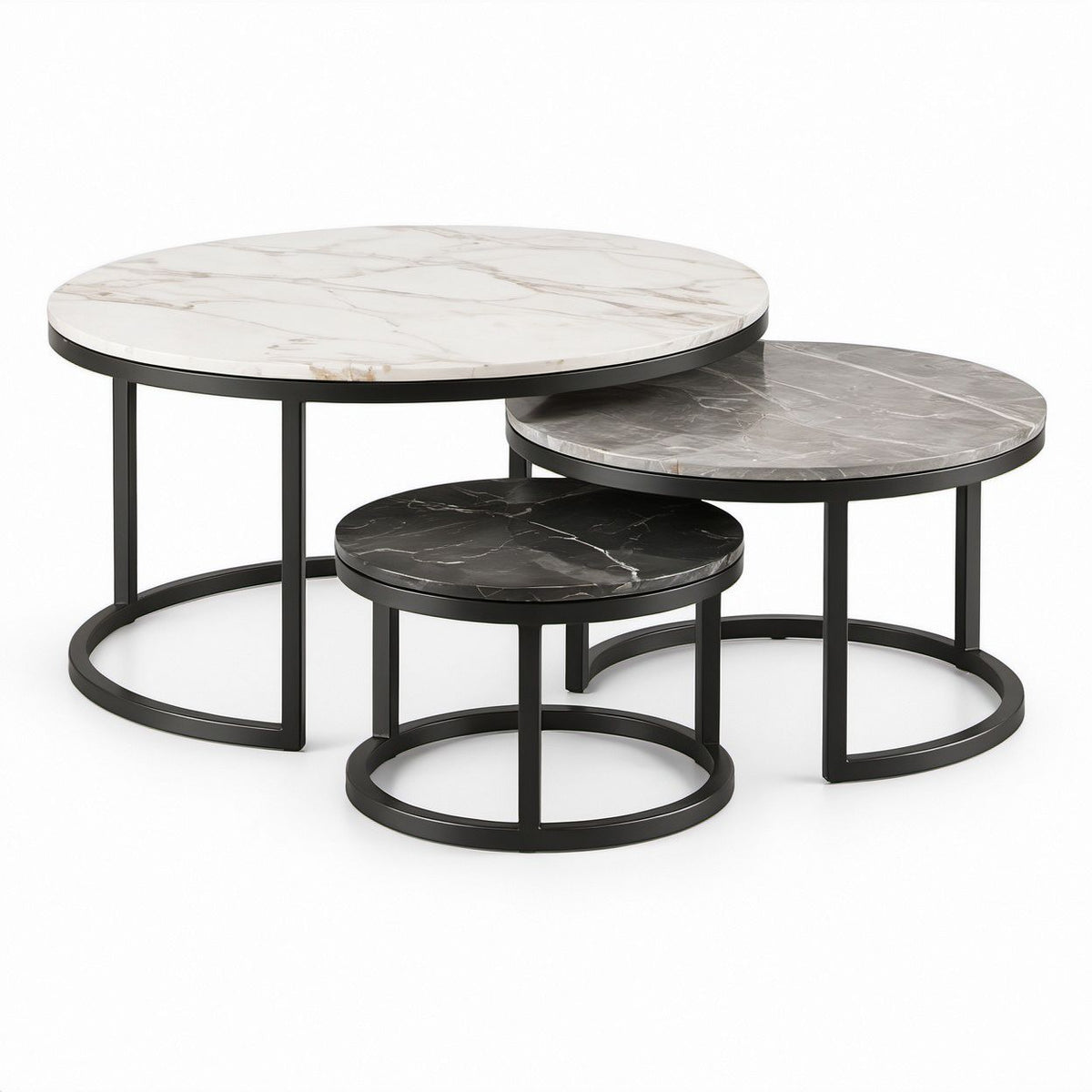 3-Piece Round Nesting Table Set, White, Gray and Black Sintered Stone Tops with Black Steel Frames, 31.5 x 17.7 in, 23.6 x 15.7 in, 17.7 x 13.8 in