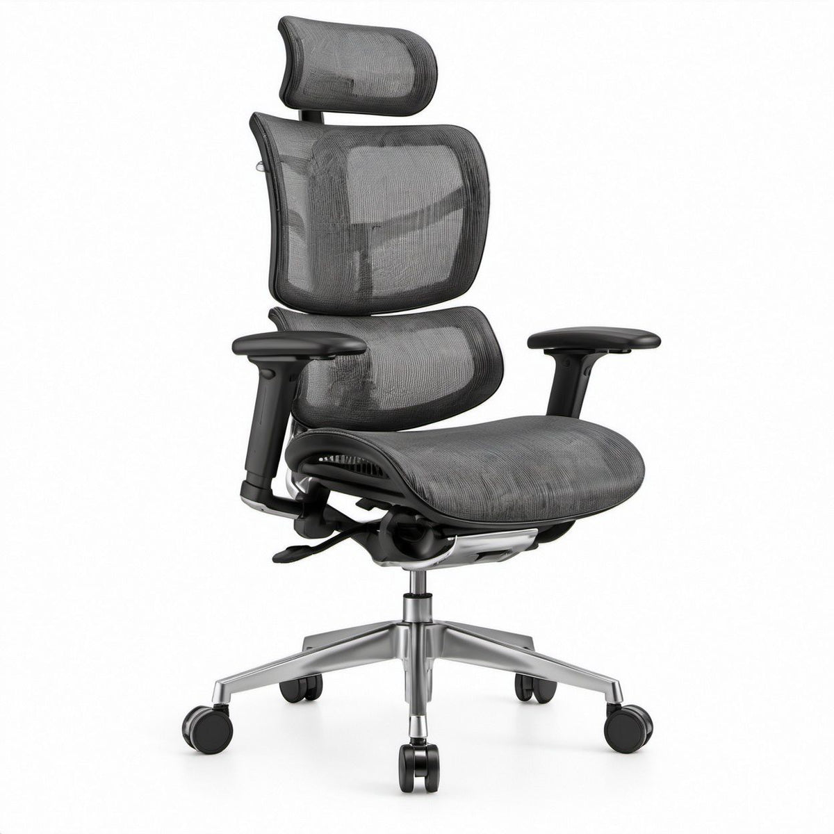 Ergonomic Office Chair with Headrest, Gray and Black Mesh, Aluminum Base, 27.6 x 27.6 x 45.3-51.2 in