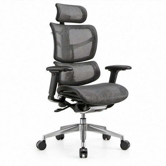 Ergonomic Office Chair with Headrest, Gray and Black Mesh, Aluminum Base, 27.6 x 27.6 x 45.3-51.2 in