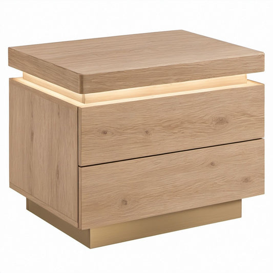 Natural Oak and Light Beige 2-Drawer Nightstand with Warm White LED Light, 24 x 18 x 25 in