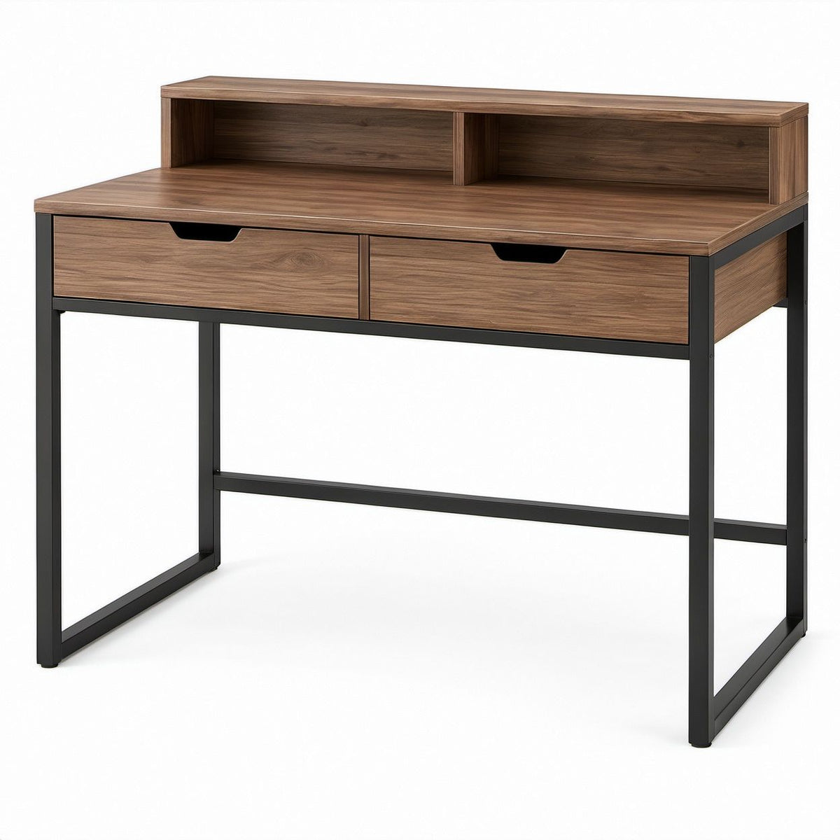 Walnut Brown and Black Computer Desk with 2 Drawers and Storage Hutch, 47.2 x 23.6 x 35.4 in