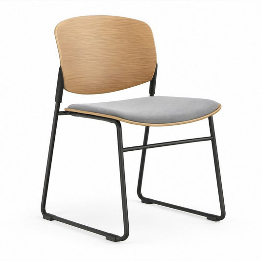 Contemporary Office Guest Chair, Light Oak Veneer Back, Gray Fabric Seat, Black Steel Sled Base, 22 x 23 x 32 in