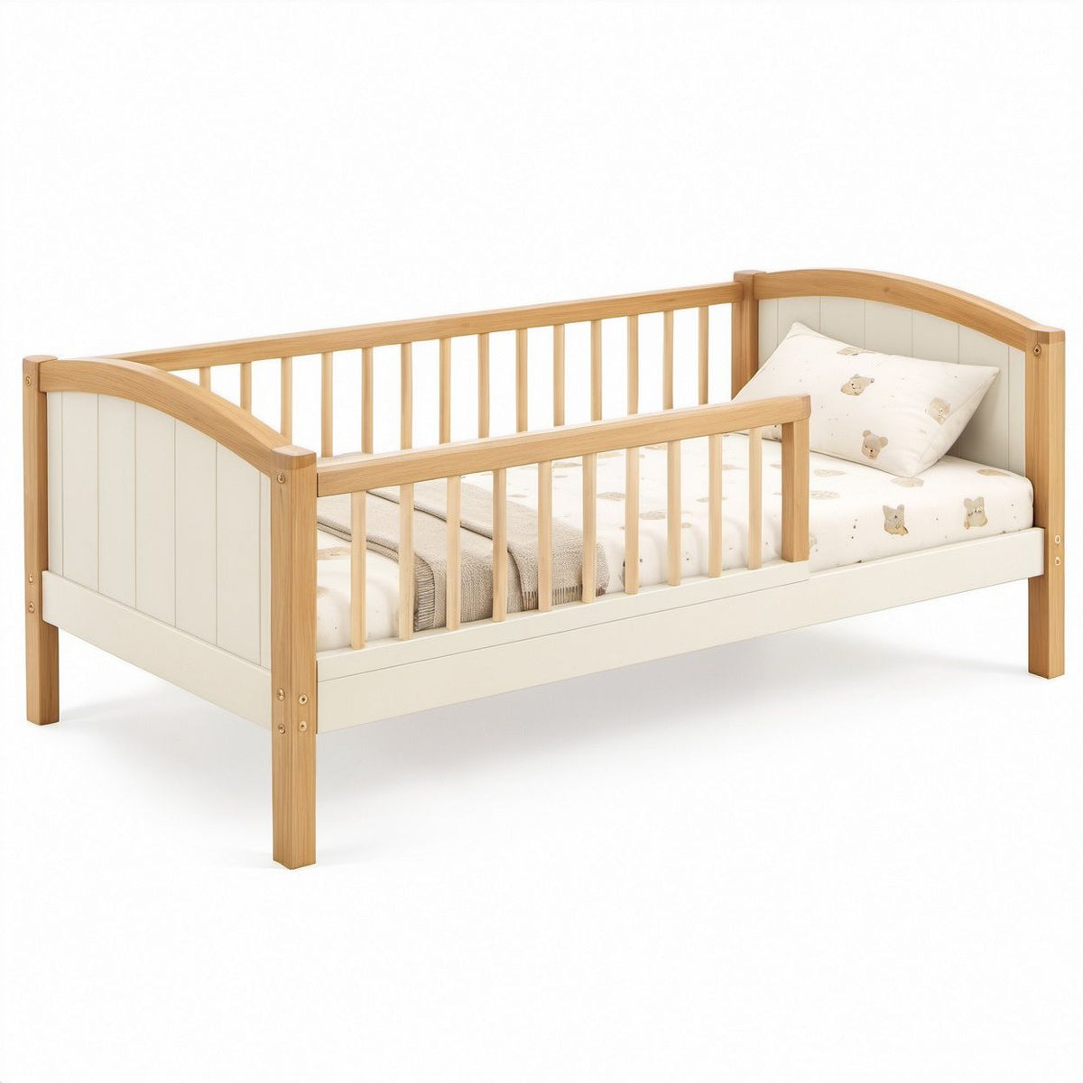 Toddler Bed Frame with Safety Rails, Natural Pine and White, 57.5 x 30.5 x 32.7 in