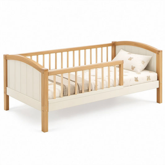 Toddler Bed Frame with Safety Rails, Natural Pine and White, 57.5 x 30.5 x 32.7 in