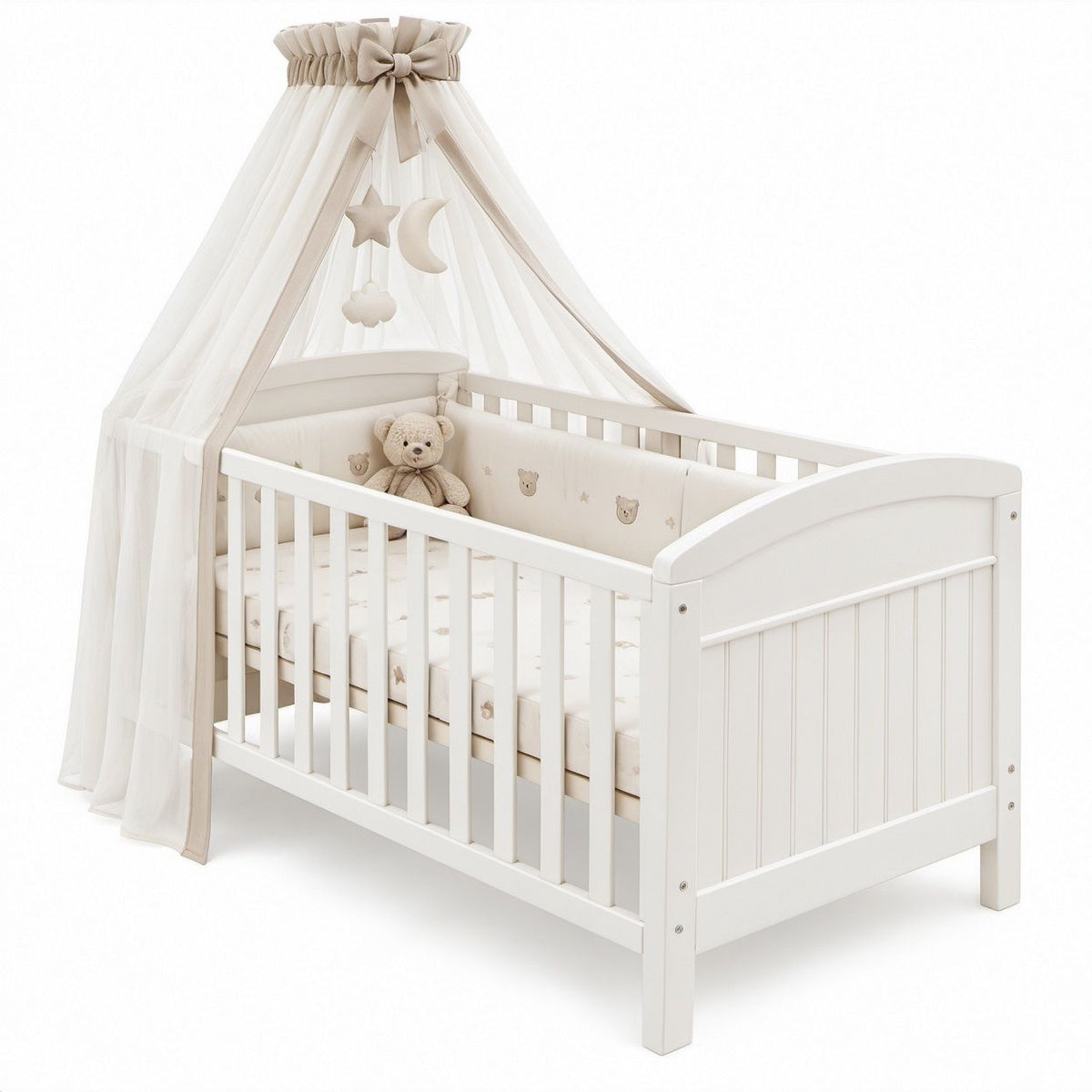 White Solid Pine Wood Baby Crib with Polyester Canopy, 52 x 28 in