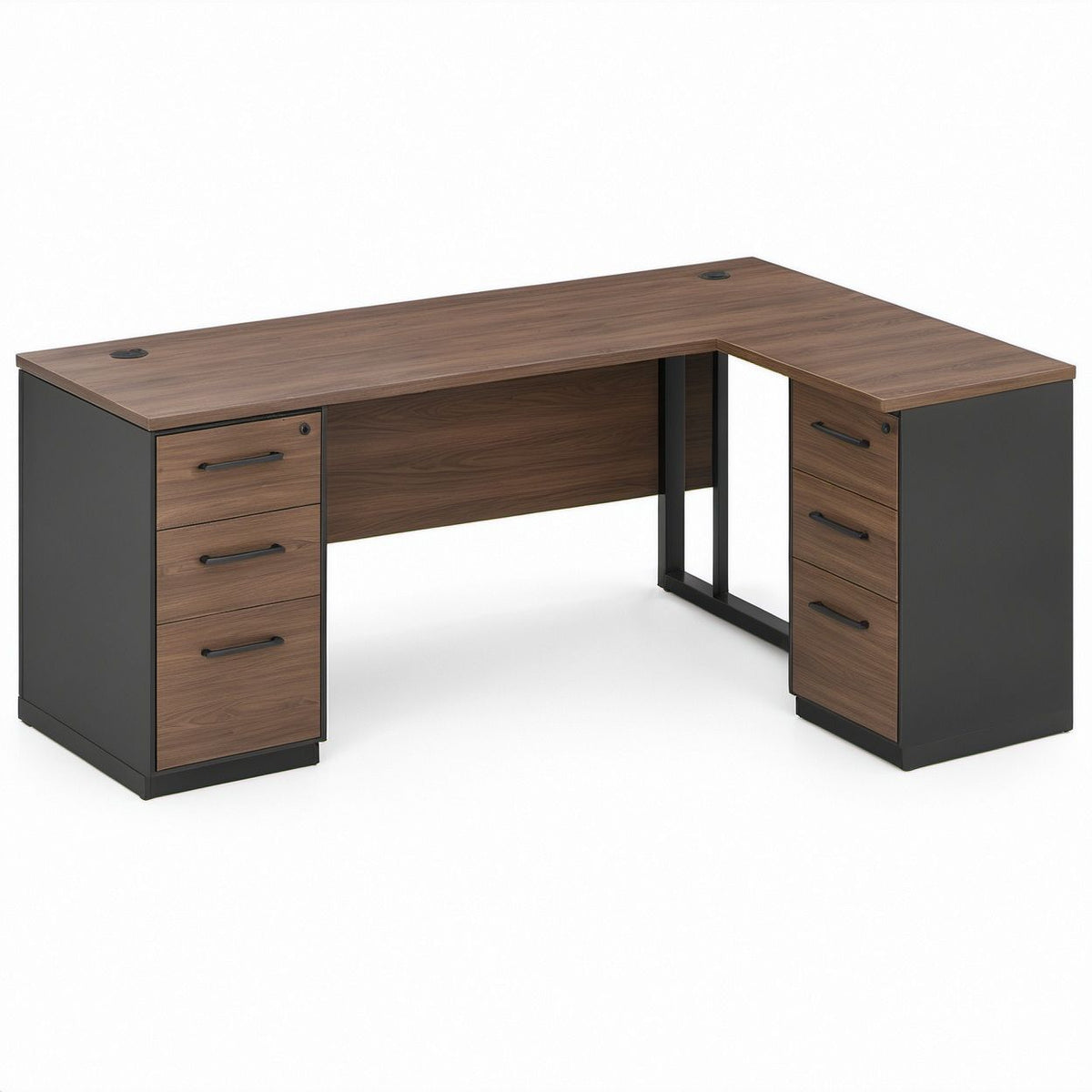 L-Shaped Office Desk with 6 Drawers, Brown/Black, 60 x 60 x 30 in