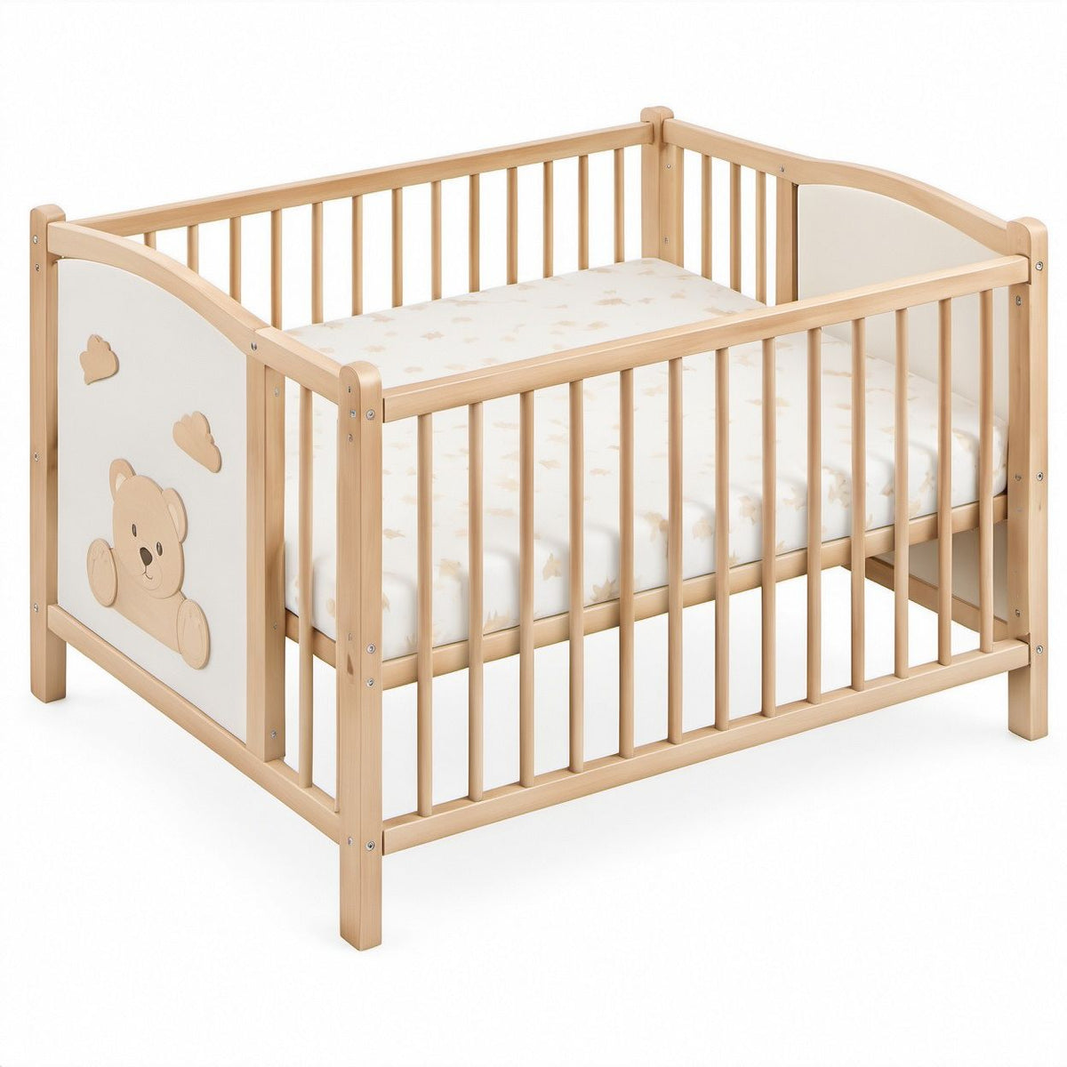 Natural and White Solid Beech Wood Baby Crib with 120 x 60 cm Foam Mattress