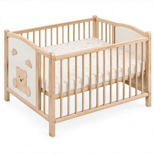 Natural and White Solid Beech Wood Baby Crib with 120 x 60 cm Foam Mattress