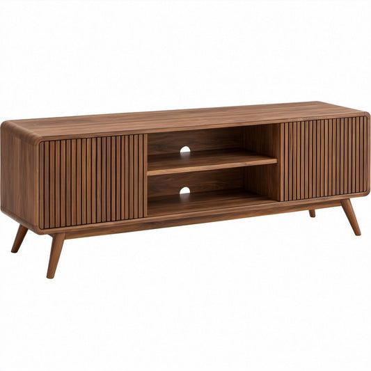 Walnut Brown Engineered Wood Media Console with Sliding Tambour Doors, 63 x 15.75 x 23.62 in