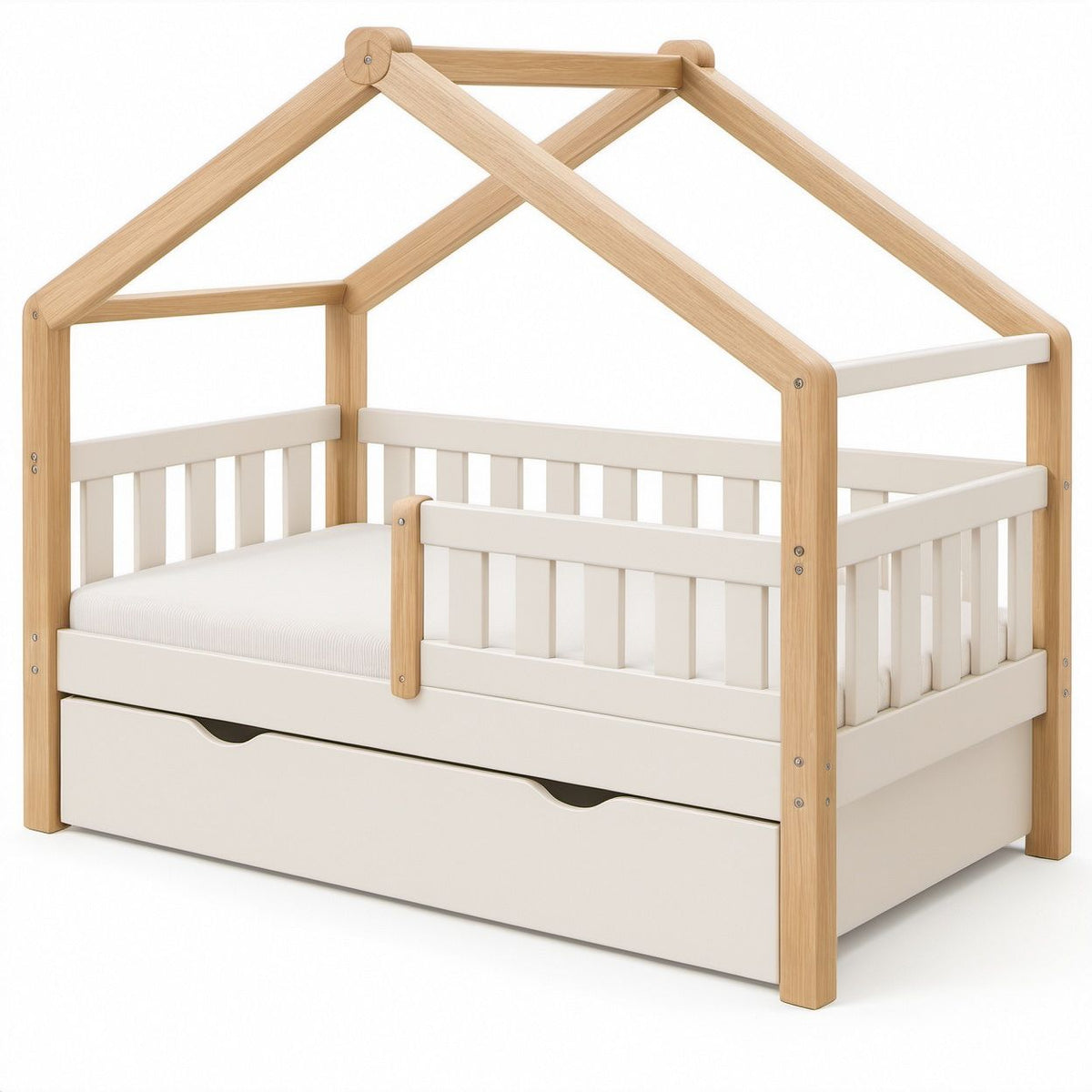 White and Natural House Frame Toddler Bed with Guardrails, Storage Drawer and Mattress, 60.2 x 31.5 x 67.7 in