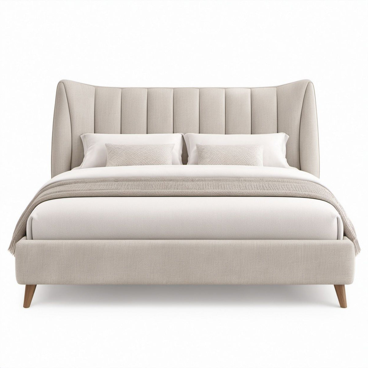 Full Upholstered Bed Frame with Curved Wingback Channel-Tufted Headboard, Beige, 57 x 78 x 55 in
