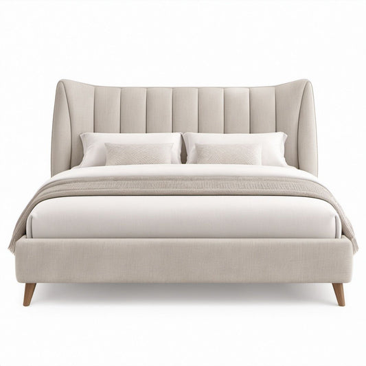 Full Upholstered Bed Frame with Curved Wingback Channel-Tufted Headboard, Beige, 57 x 78 x 55 in