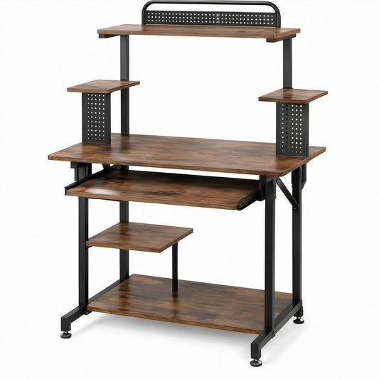 Brown and Black Computer Desk with Hutch, Keyboard Tray and Shelves, 47.2 x 23.6 x 59.1 in