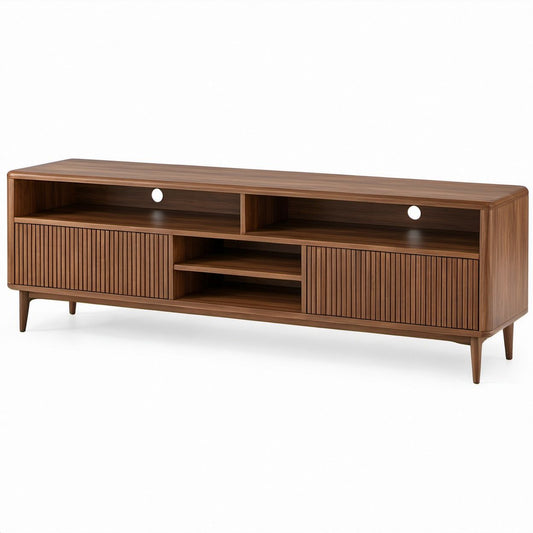 Walnut Brown MDF Media Console with Sliding Slatted Doors, 70.9 x 15.7 x 21.7 in