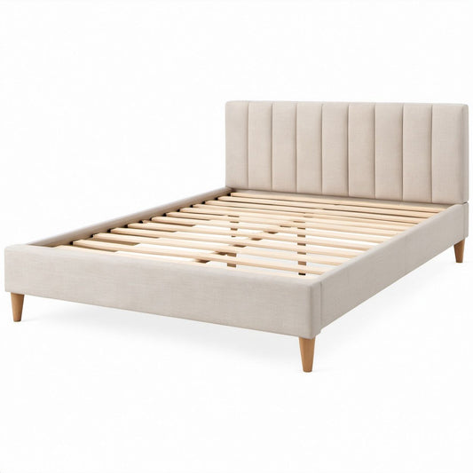 Queen Upholstered Platform Bed Frame with Channel-Tufted Headboard, Beige/Natural Brown, 64 x 85 x 45 in