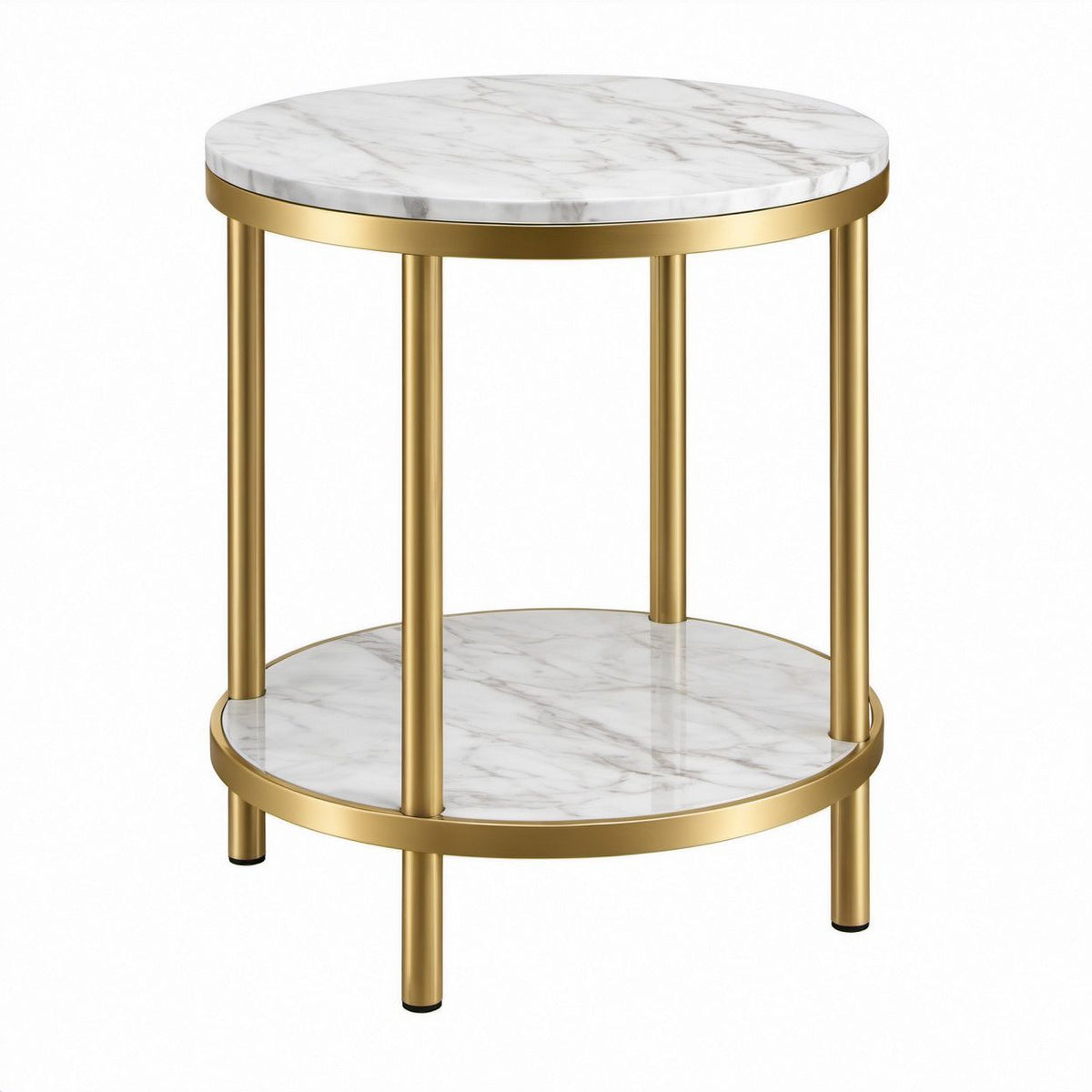Round White and Gold PVC Marble MDF and Steel Side Table, 17.7 in Diameter x 23.6 in H