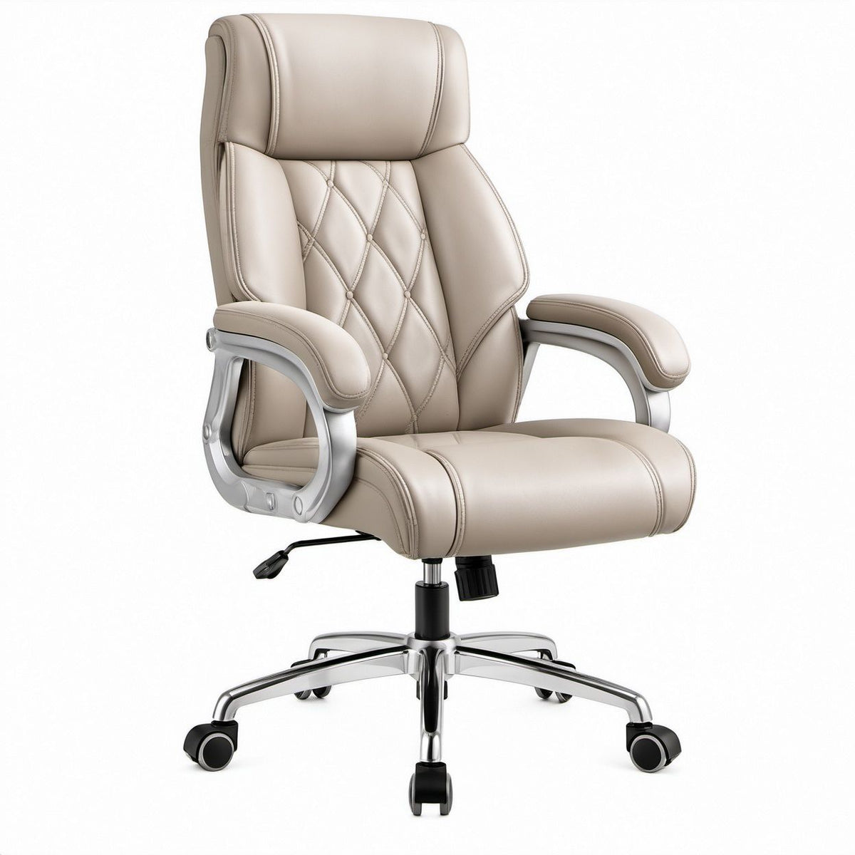 Beige PU Leather High-Back Executive Office Chair, Swivel Desk Chair with Padded Armrests, 27.6 x 27.6 x 45.3-49.2 in