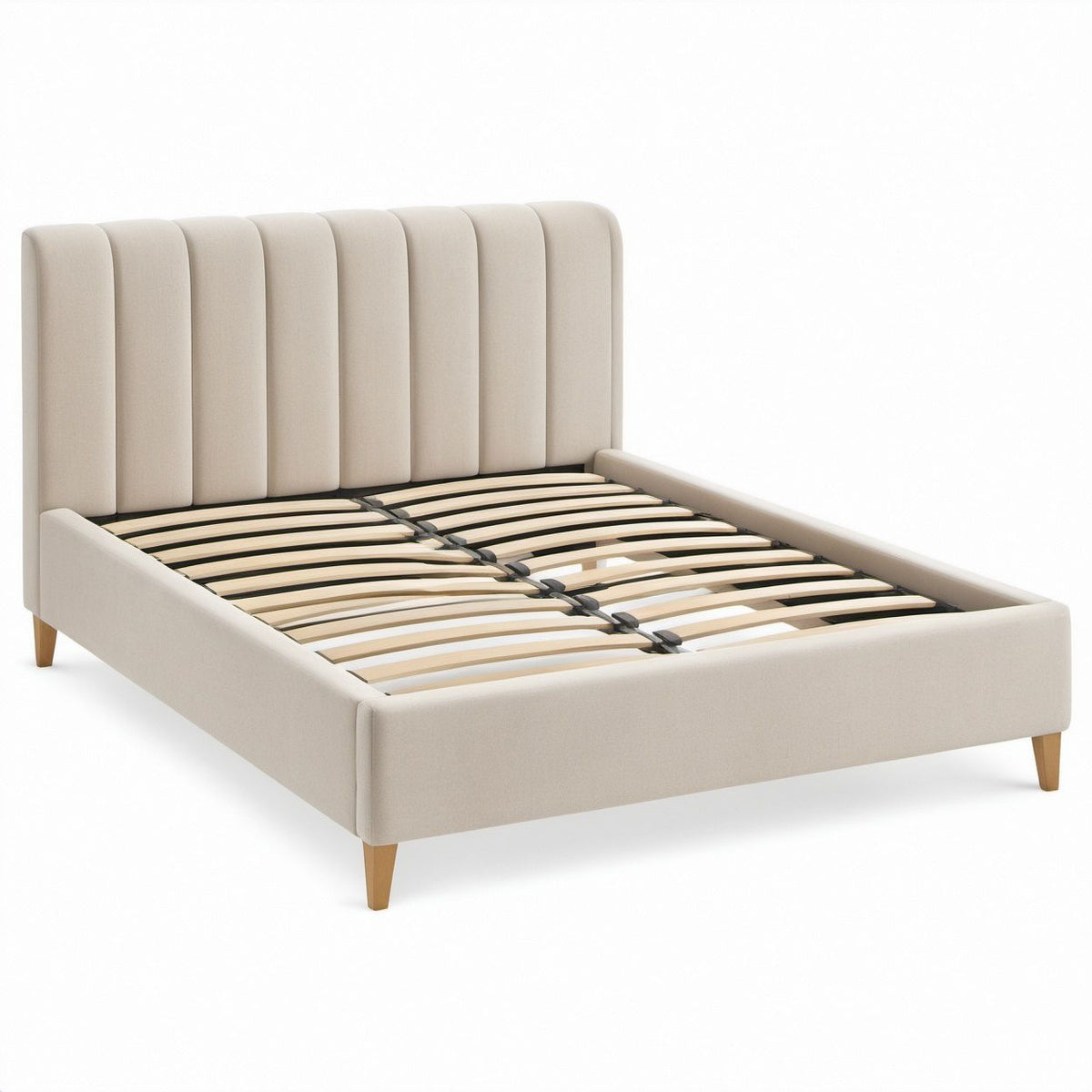 Queen Beige Upholstered Bed Frame with Vertical Channel Headboard, Natural Brown Legs, 64 x 85 x 50 in