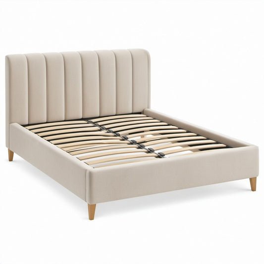 Queen Beige Upholstered Bed Frame with Vertical Channel Headboard, Natural Brown Legs, 64 x 85 x 50 in