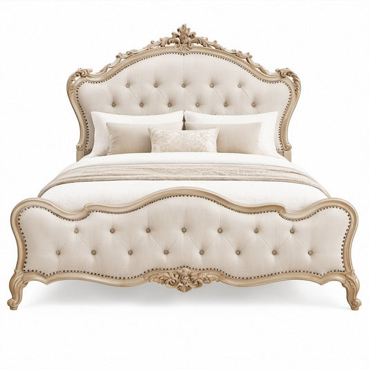 King Size Curved Upholstered Bed Frame, Cream and Antique Gold, 84 in L x 90 in W x 72 in H