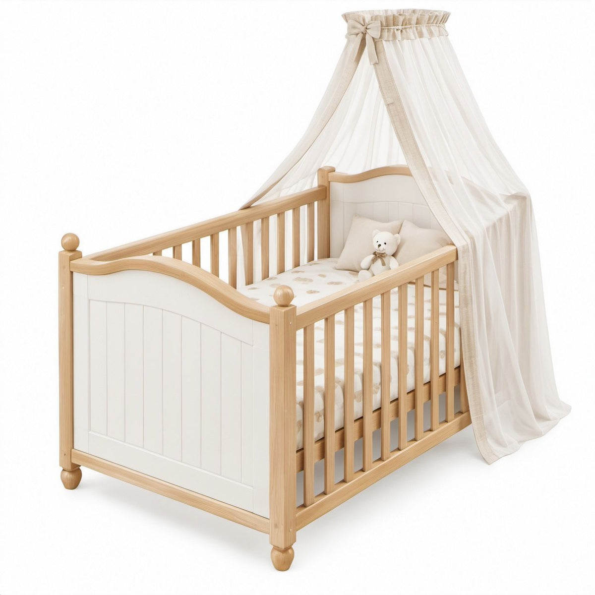 Baby Crib with Canopy, Natural Wood, White and Ivory, 54.3 x 30.7 x 42.1 in, 94.5 in Canopy Height