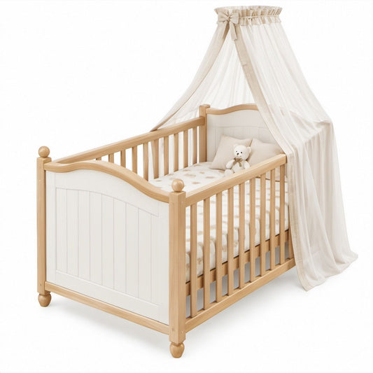 Baby Crib with Canopy, Natural Wood, White and Ivory, 54.3 x 30.7 x 42.1 in, 94.5 in Canopy Height