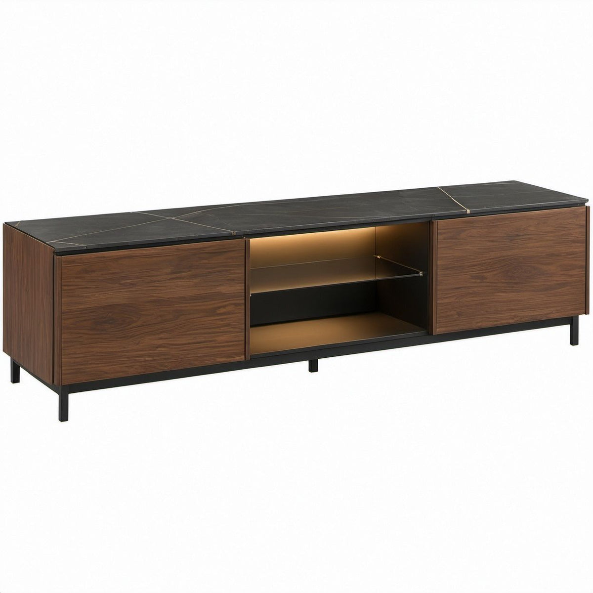 78 in Walnut Brown and Black TV Stand with Sintered Stone Top, Sliding Doors and Open Shelves