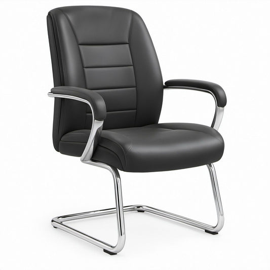 High-Back Office Guest Chair, Black PU Leather and Chrome, 24 in W x 27 in D x 41 in H