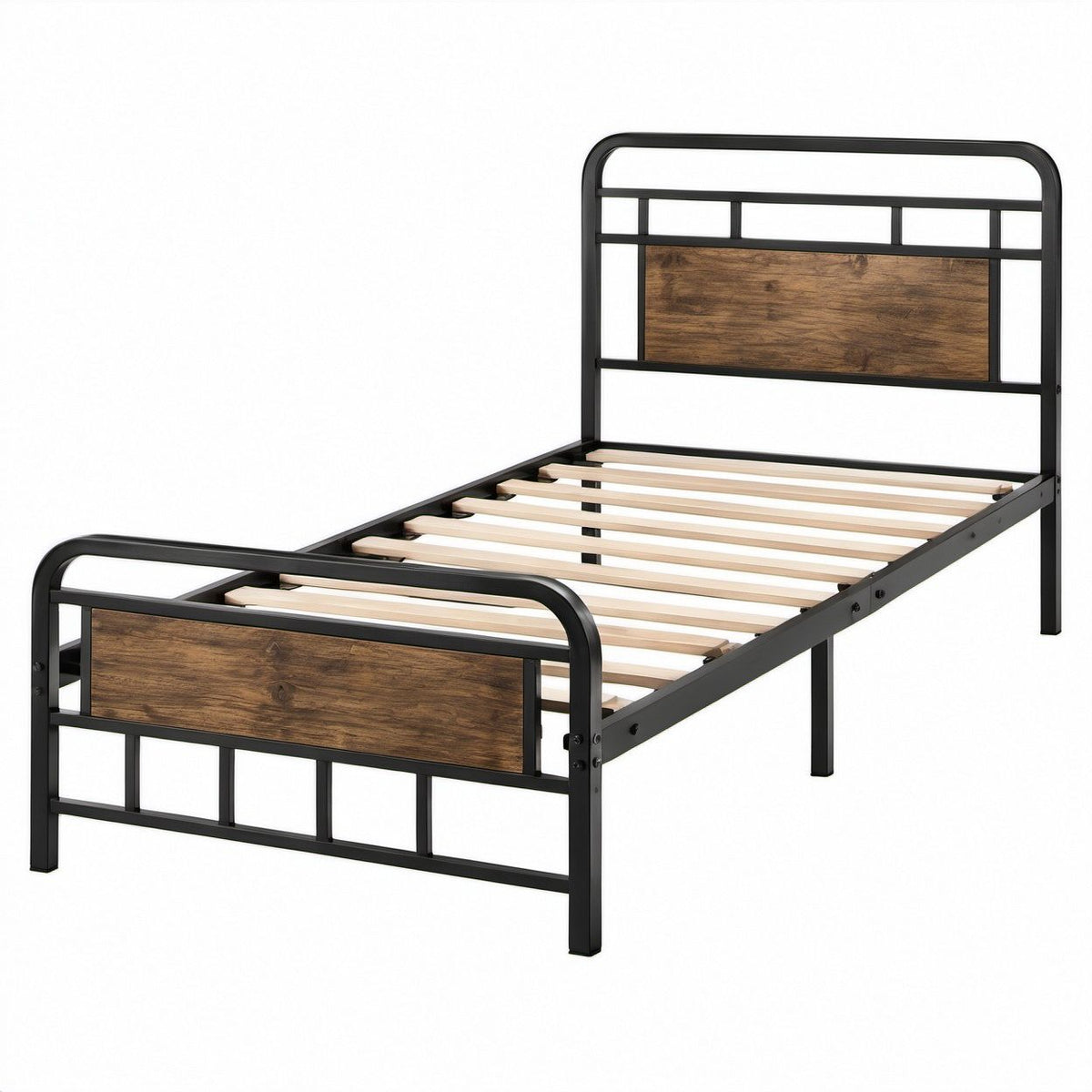 Twin Size Black Steel Bed Frame with Brown Wood-Grain Panels, 78 x 41 x 39 in