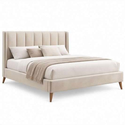 Full Beige Upholstered Platform Bed with Channel-Tufted Headboard, 80 in L x 58 in W x 48 in H