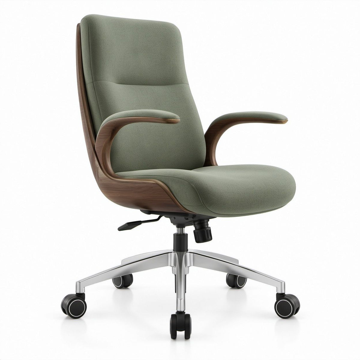 Ergonomic High-Back Swivel Chair, Green Polyester Upholstery, Walnut Veneer Shell, 68 x 66 x 112-122 cm
