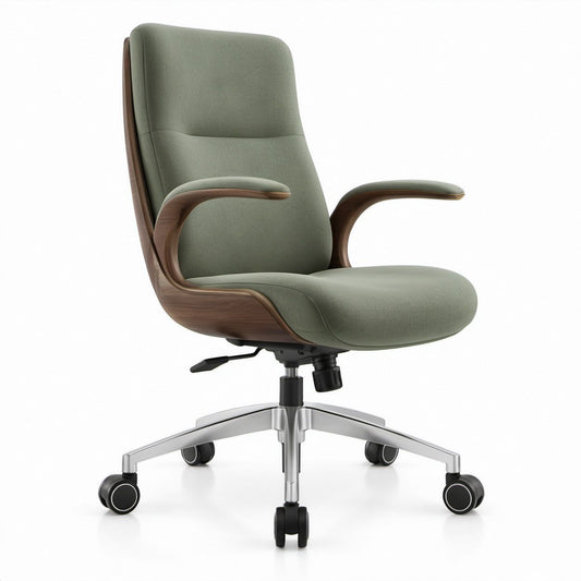 Ergonomic High-Back Swivel Chair, Green Polyester Upholstery, Walnut Veneer Shell, 68 x 66 x 112-122 cm