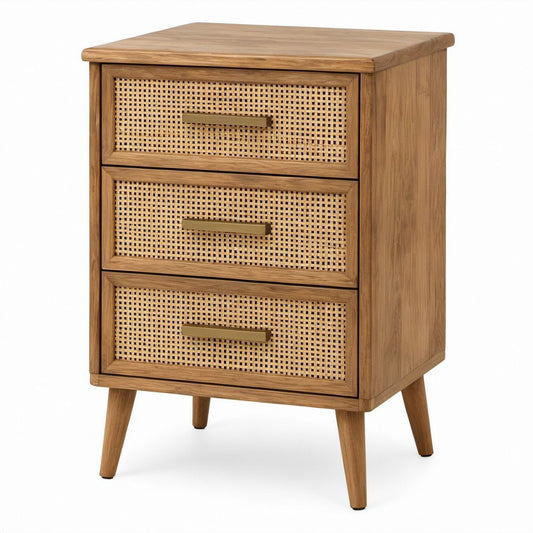 Natural Brown Wood and Rattan 3-Drawer Side Table, 18 x 15 x 28 in