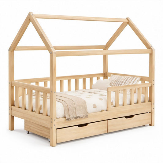 Natural Solid Pine Wood Twin House Bed Frame with Safety Rails and 2 Drawers, 78.7 x 41.7 x 68.9 in